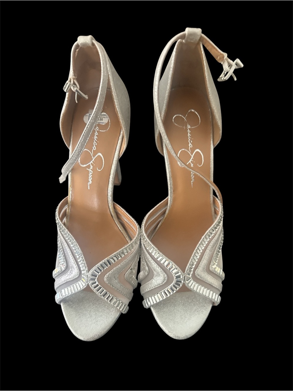 Jessica Simpson Ivory Satin Embellished Open-Toe Ankle-Strap Heels